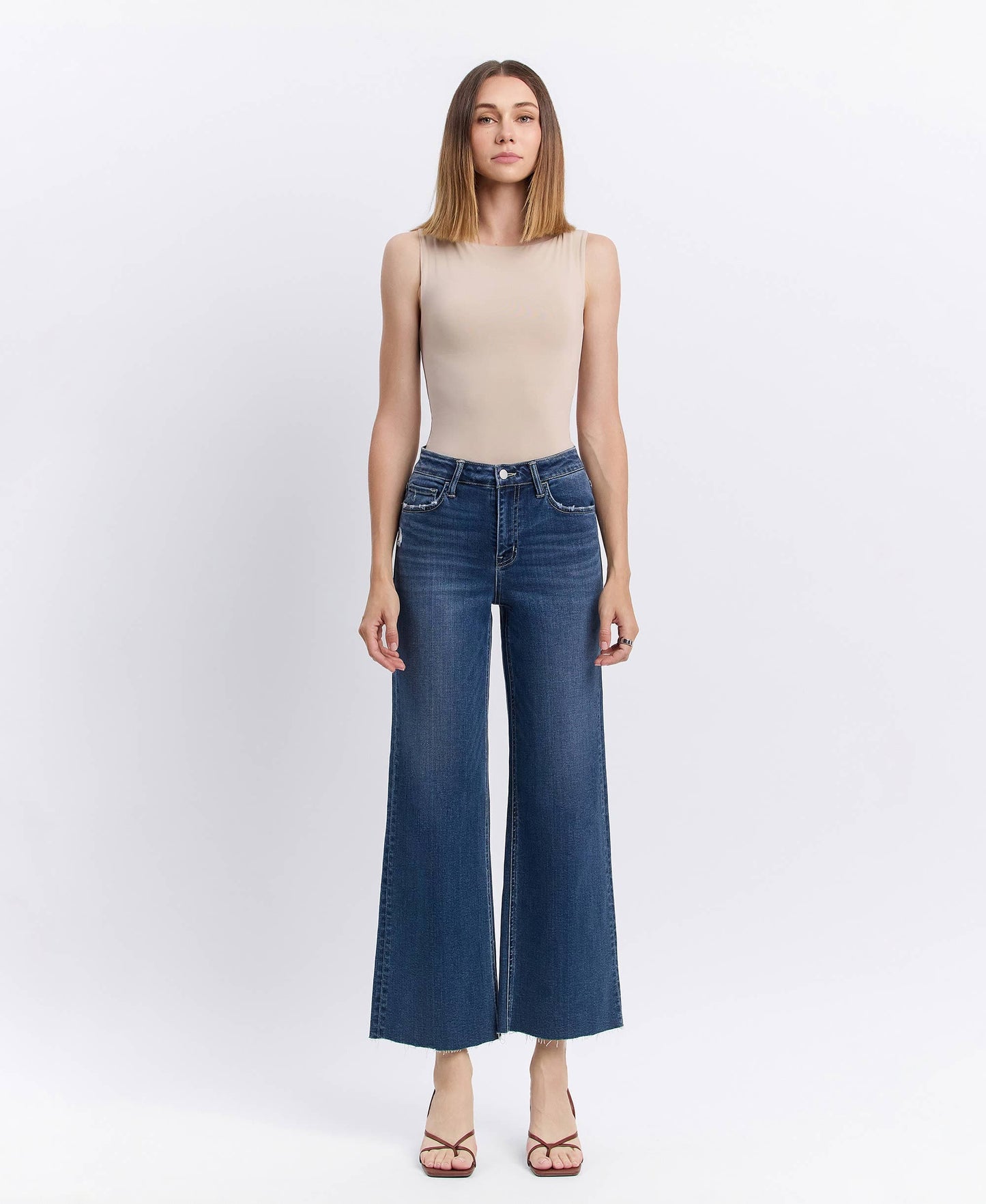 Dark Denim High Rise Comfort Stretch Clean Cut Raw Hem Wide Leg Jeans