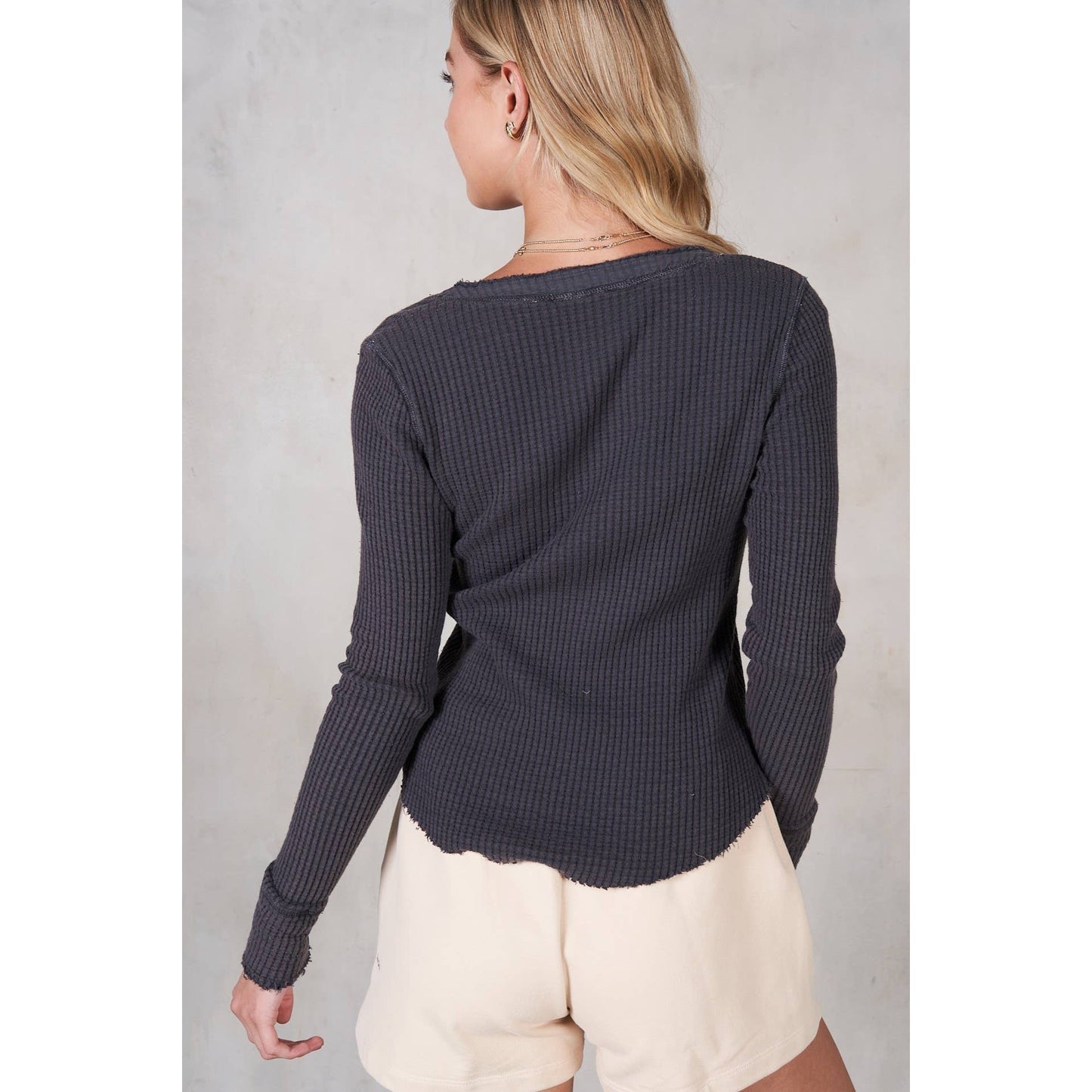 Charcoal Garment Dye Waffle Long Sleeve Top