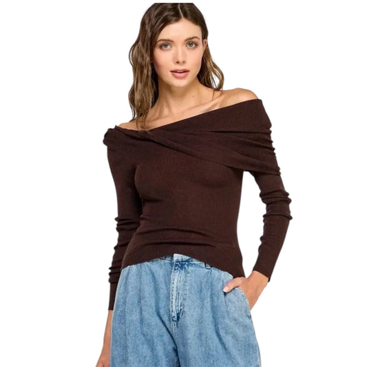 Brown Crossover Off The Shoulder Sweater