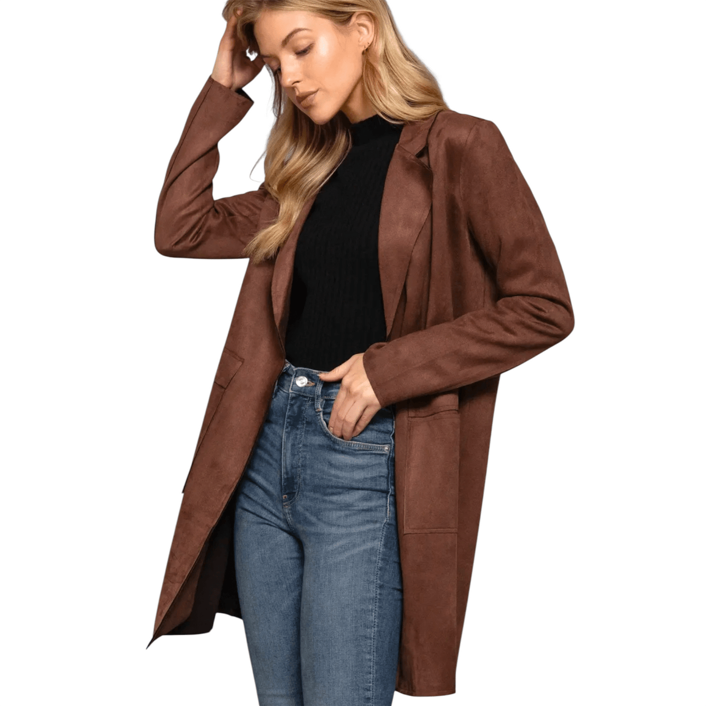 Long Sleeve Open Front Faux Suede Jacket in Dark Brown