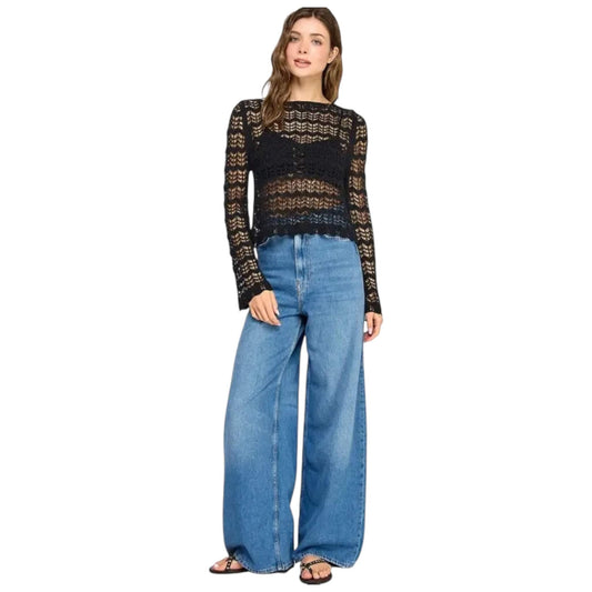 Black Pointelle Knit Sweater Top