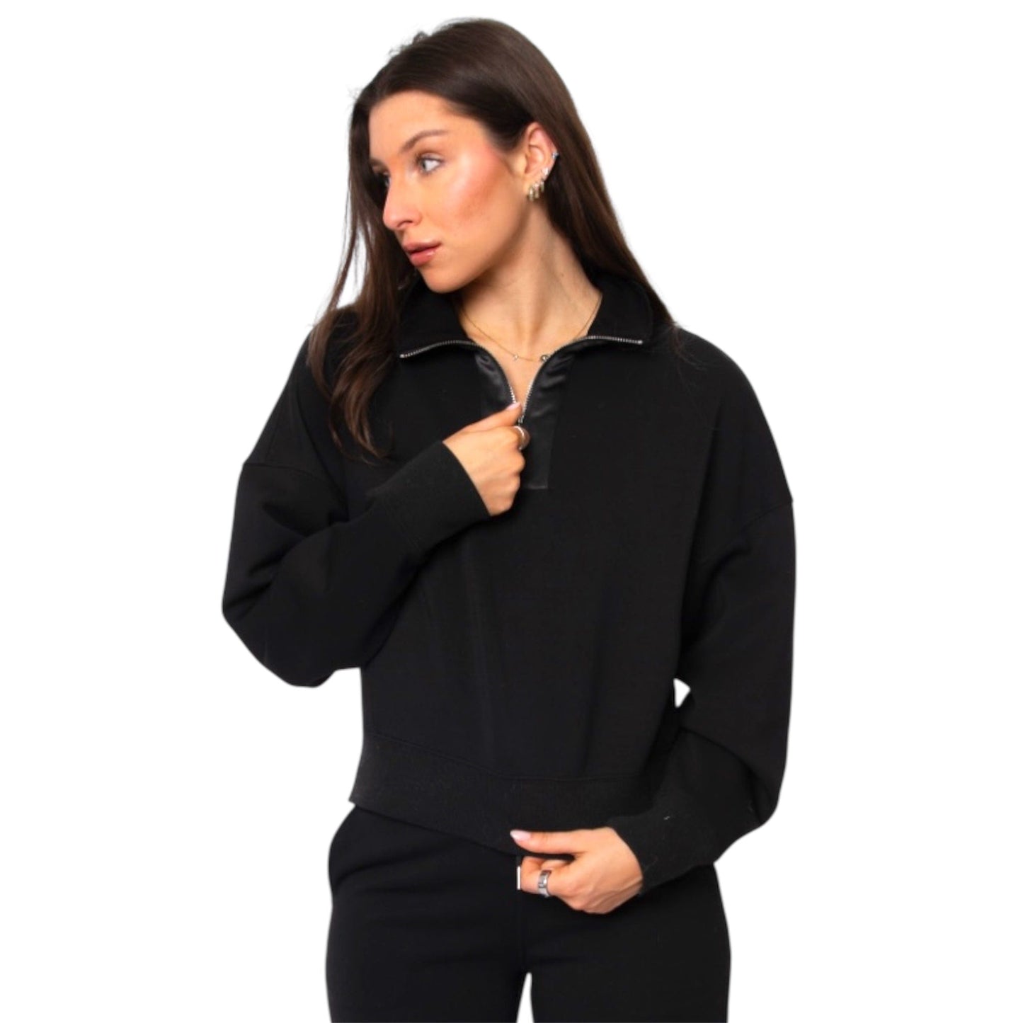 Soft Black Knit with Satin Trim Half Mock Zip Top
