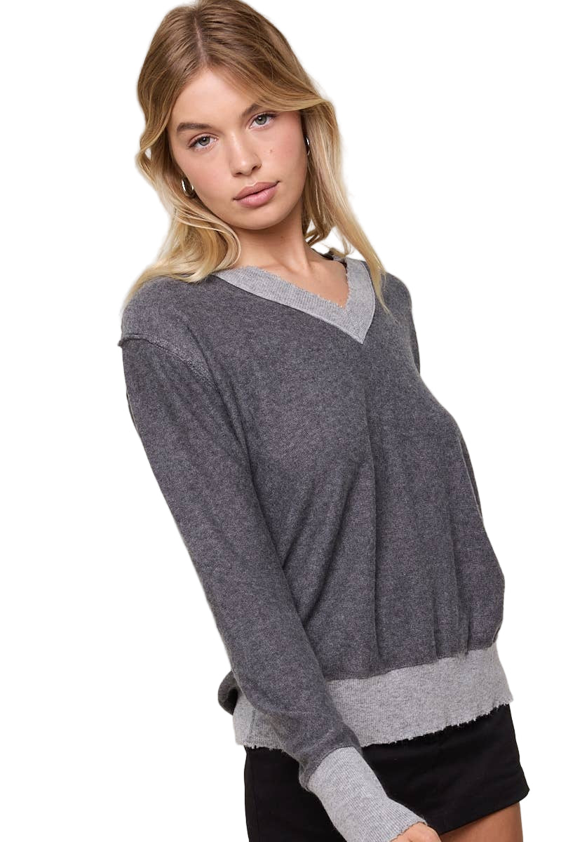 Charcoal V Neck Long Sleeve Thin Sweater