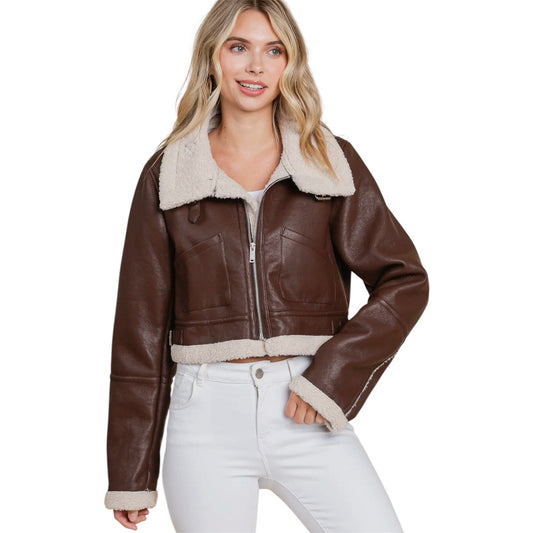 Brown Faux Leather Sherpa Jacket