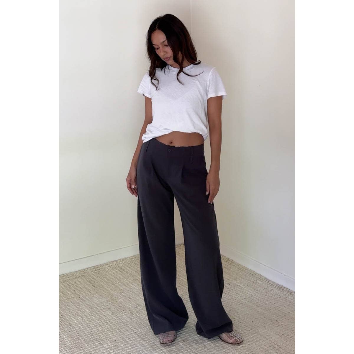 Charcoal Raw Waistband Wide Leg Trousers
