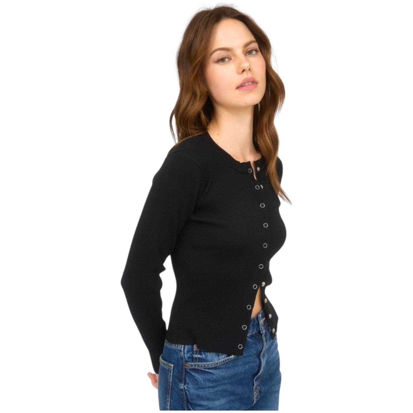 Black Snap Button Down Round Neck Knit Cardigan