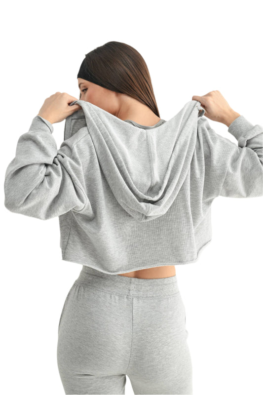 Grey Crop Hoodie Zip-Up French Terry Sweatshirt