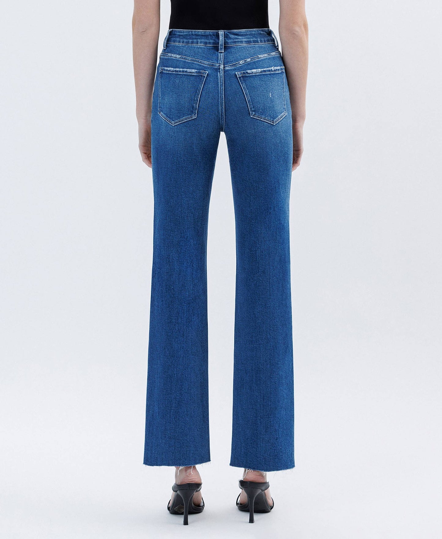 High Rise Clean Cut Raw Hem Straight Leg Jeans with Comfort Stretch