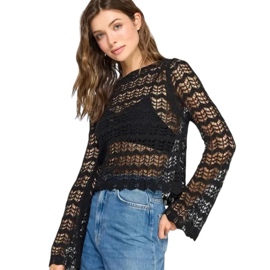 Black Pointelle Knit Sweater Top