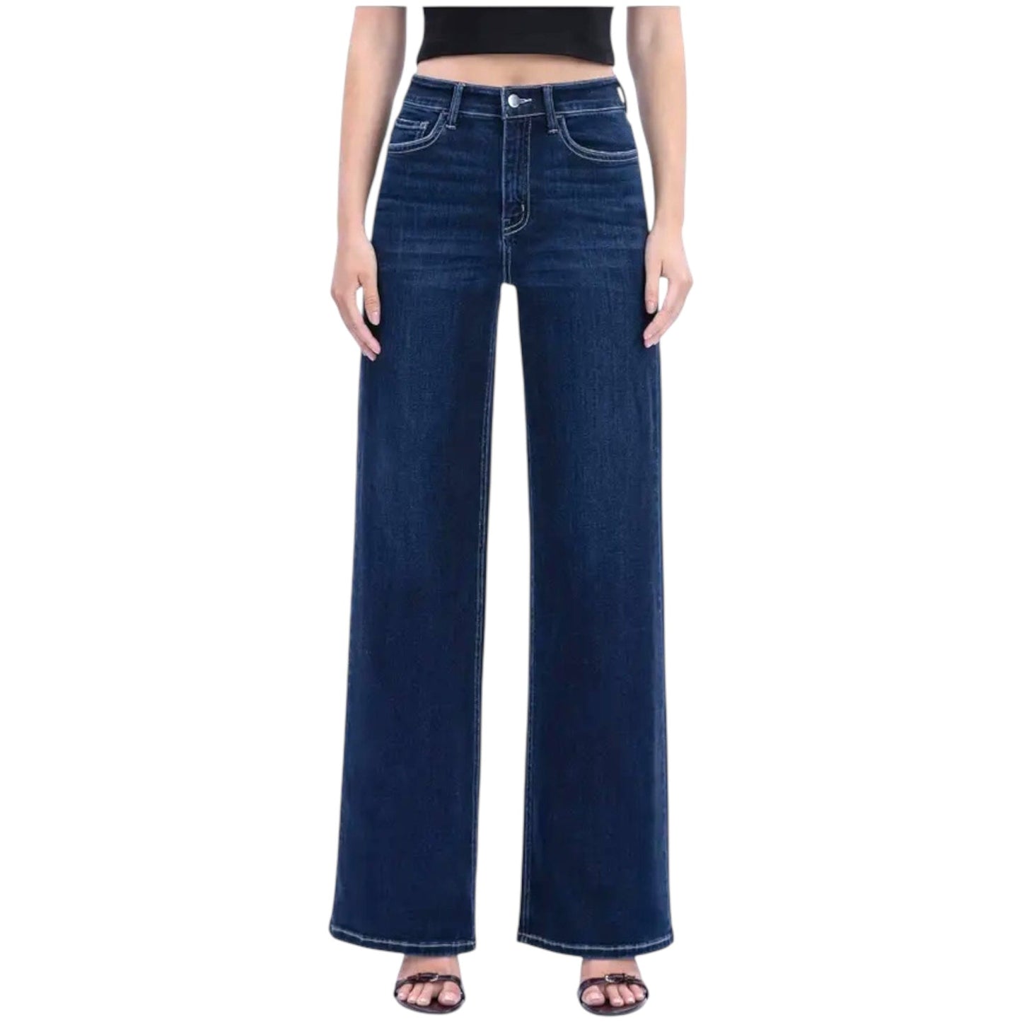 Mid Rise Dark Wash Full Length Wide Leg Jeans
