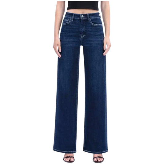 Mid Rise Dark Wash Full Length Wide Leg Jeans