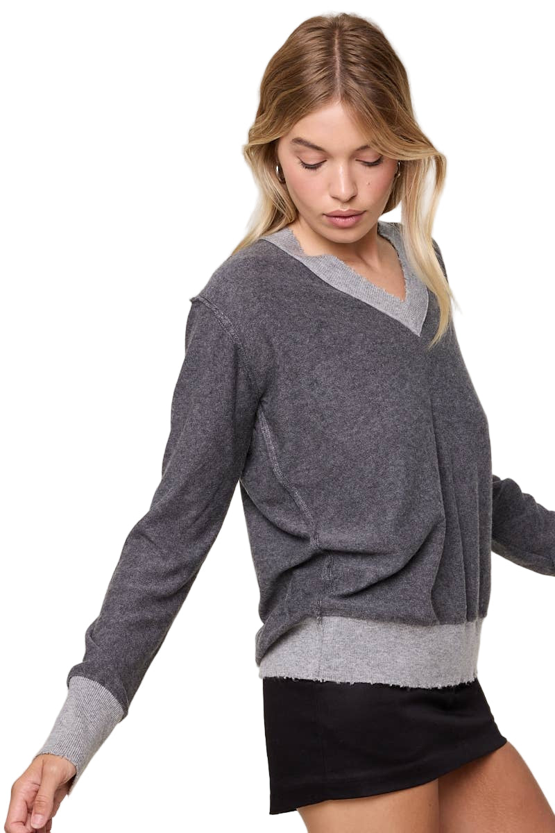 Charcoal V Neck Long Sleeve Thin Sweater