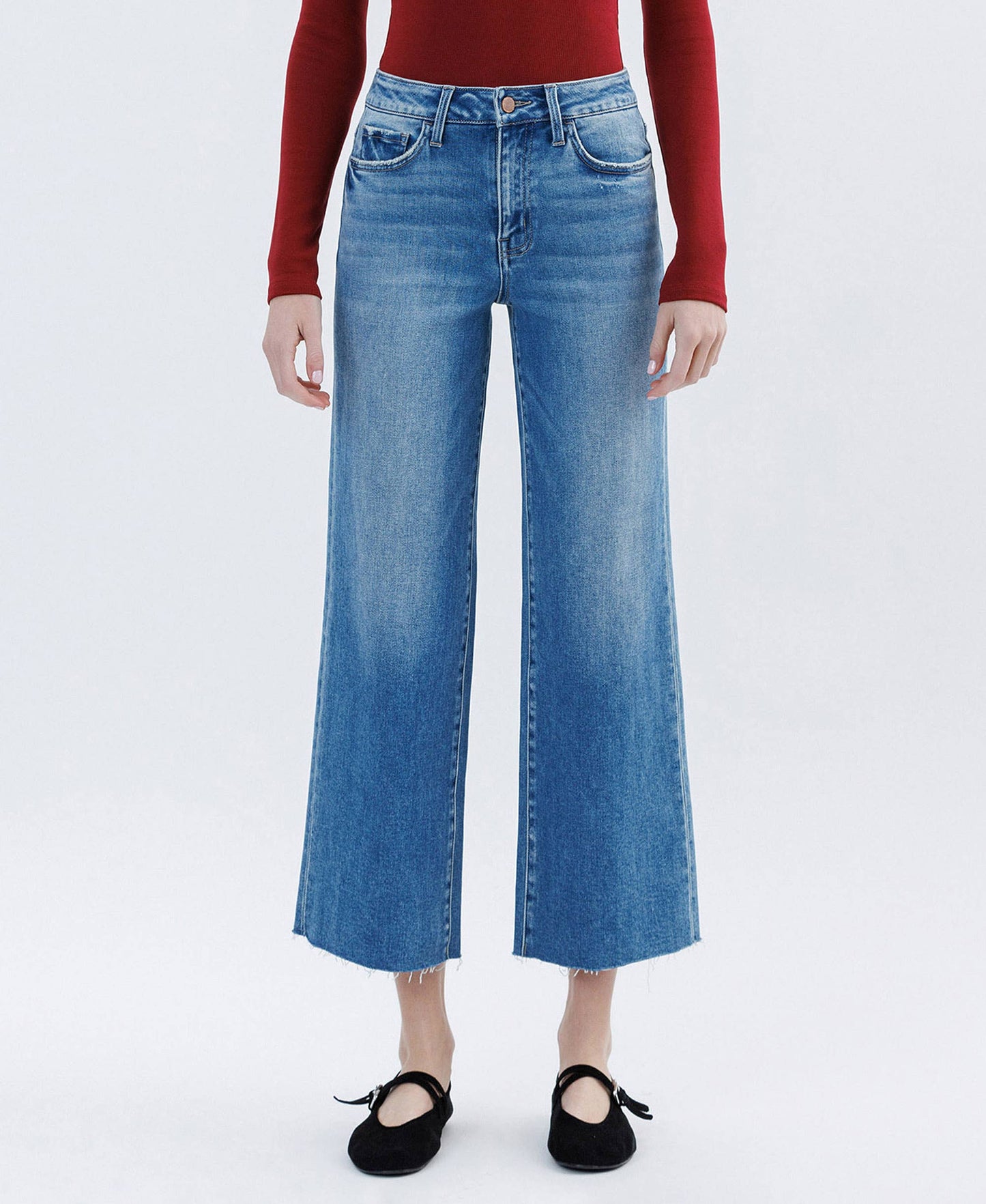 Mid-High Rise Comfort Stretch Raw Hem Crop Slim Wide Leg Jeans