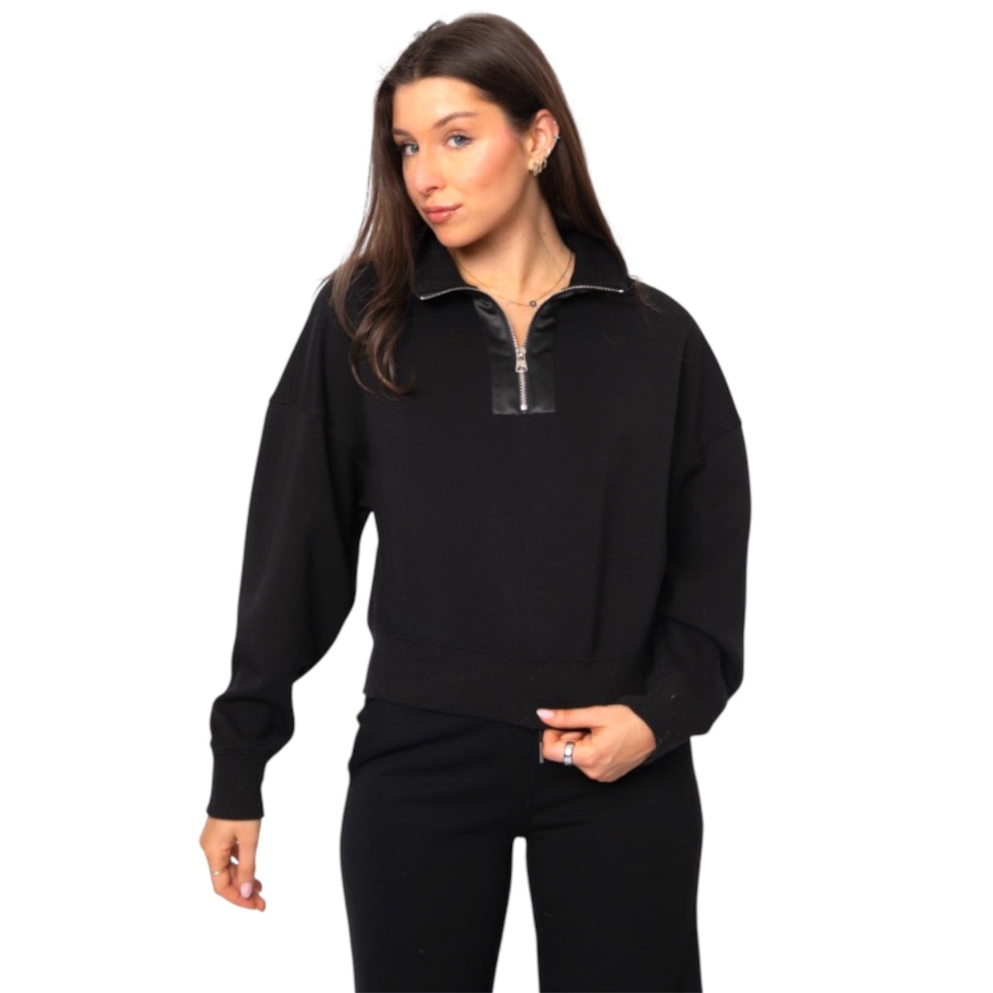 Soft Black Knit with Satin Trim Half Mock Zip Top