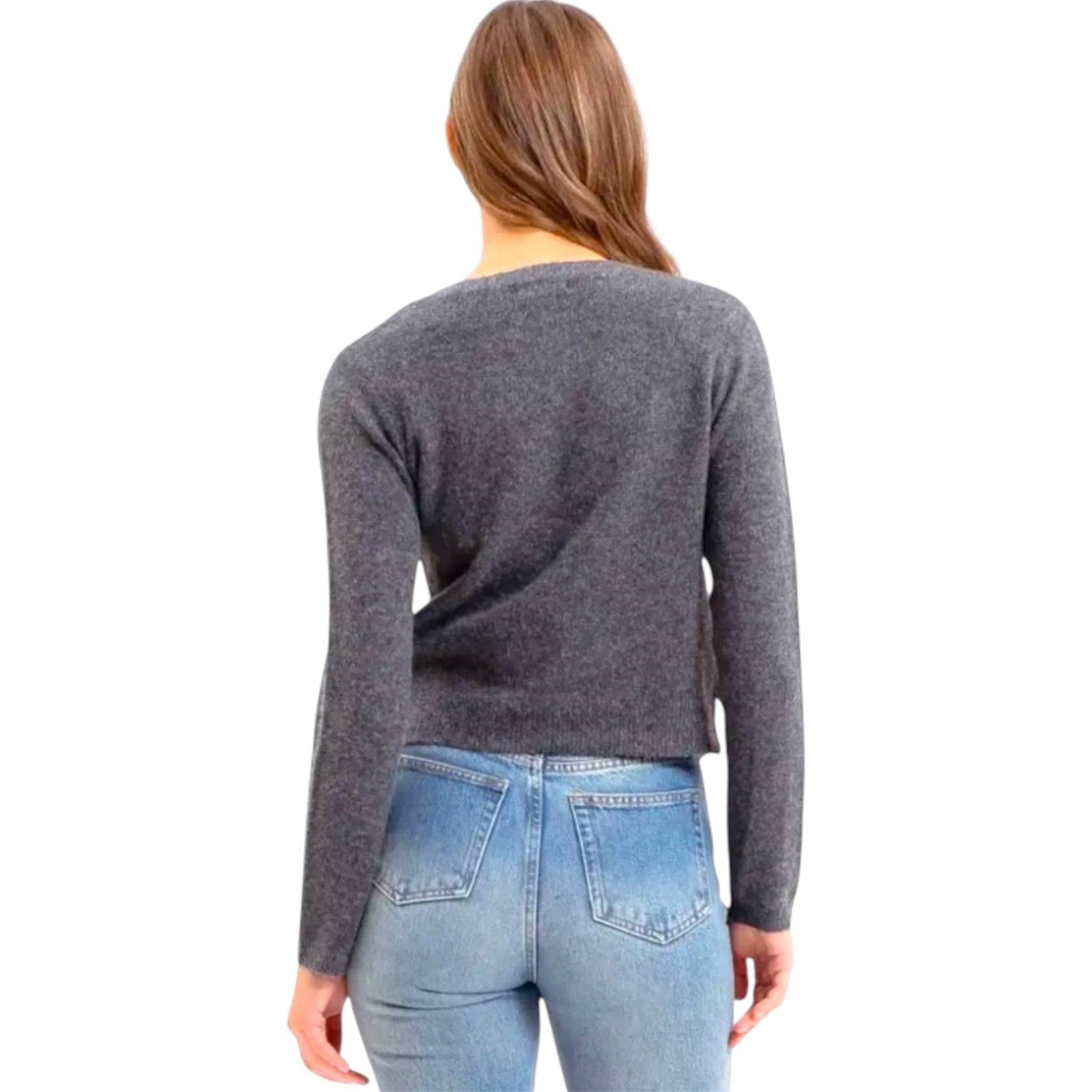 Charcoal Grey Round Neck Button Down Cardigan Sweater