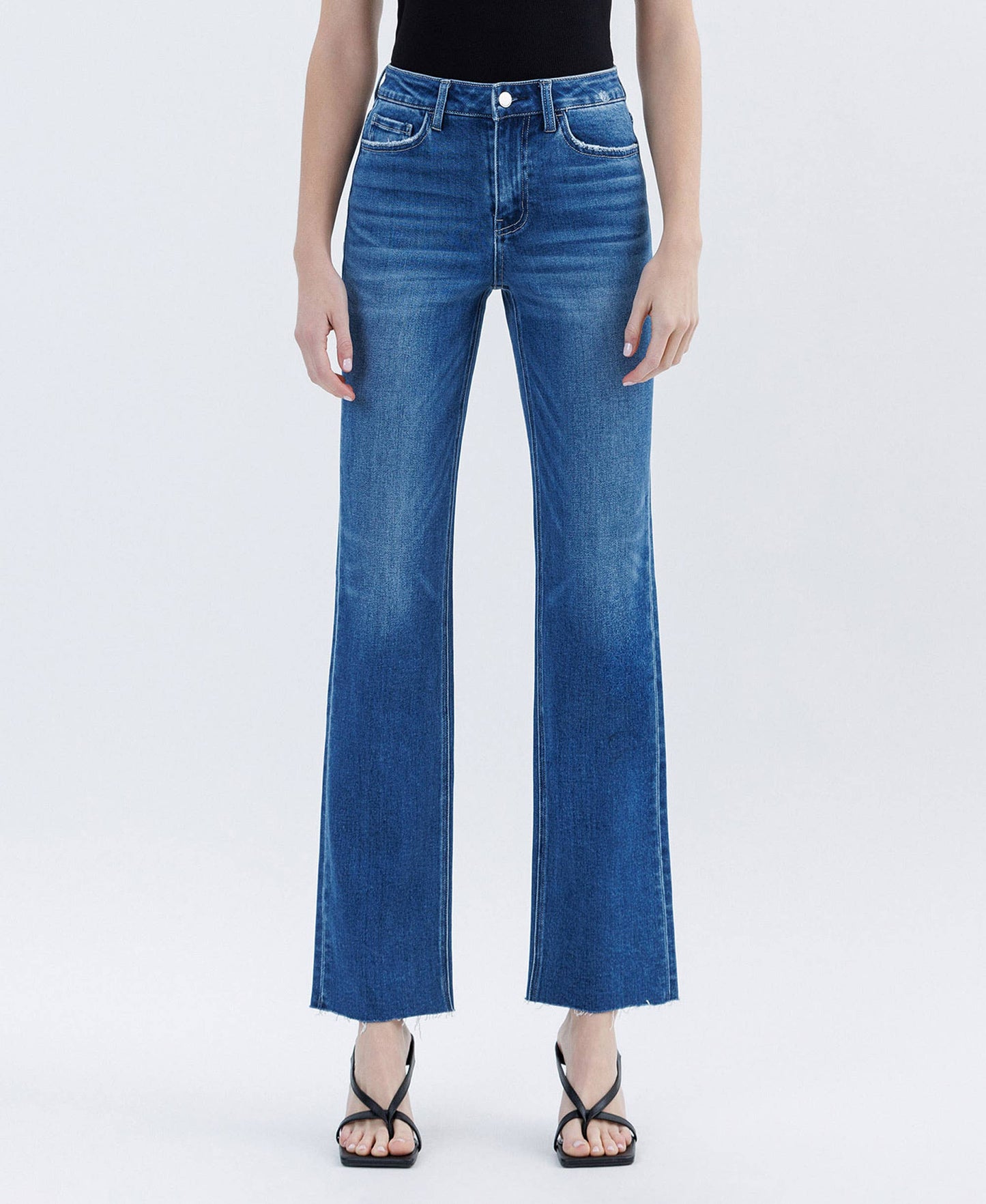High Rise Clean Cut Raw Hem Straight Leg Jeans with Comfort Stretch