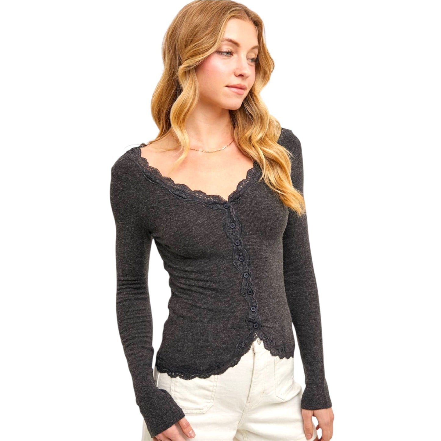 Charcoal Button Down Lace Trimmed Cardigan Top