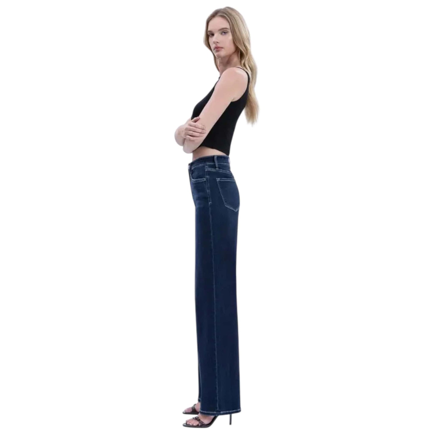 Mid Rise Dark Wash Full Length Wide Leg Jeans