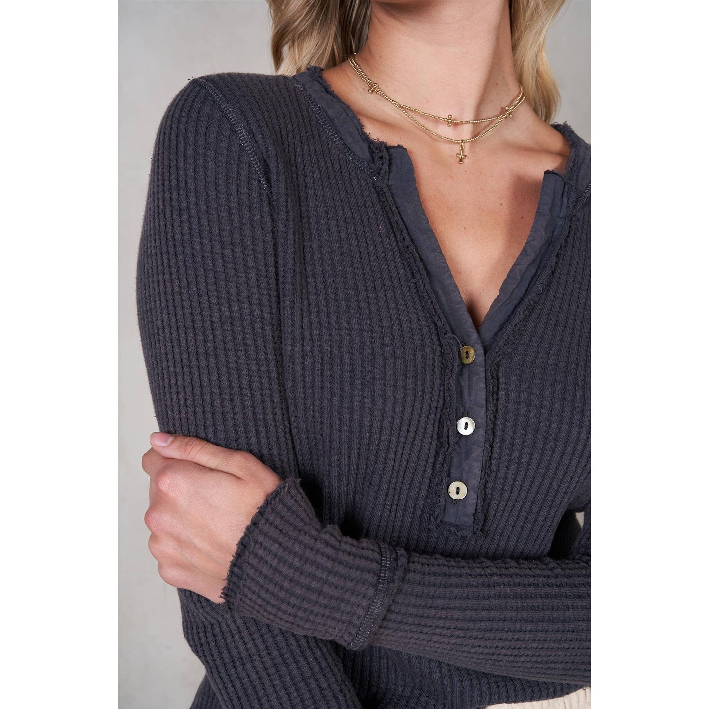 Charcoal Garment Dye Waffle Long Sleeve Top