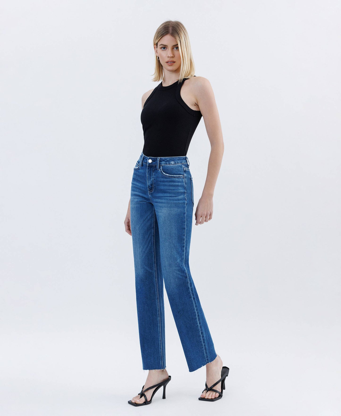 High Rise Clean Cut Raw Hem Straight Leg Jeans with Comfort Stretch