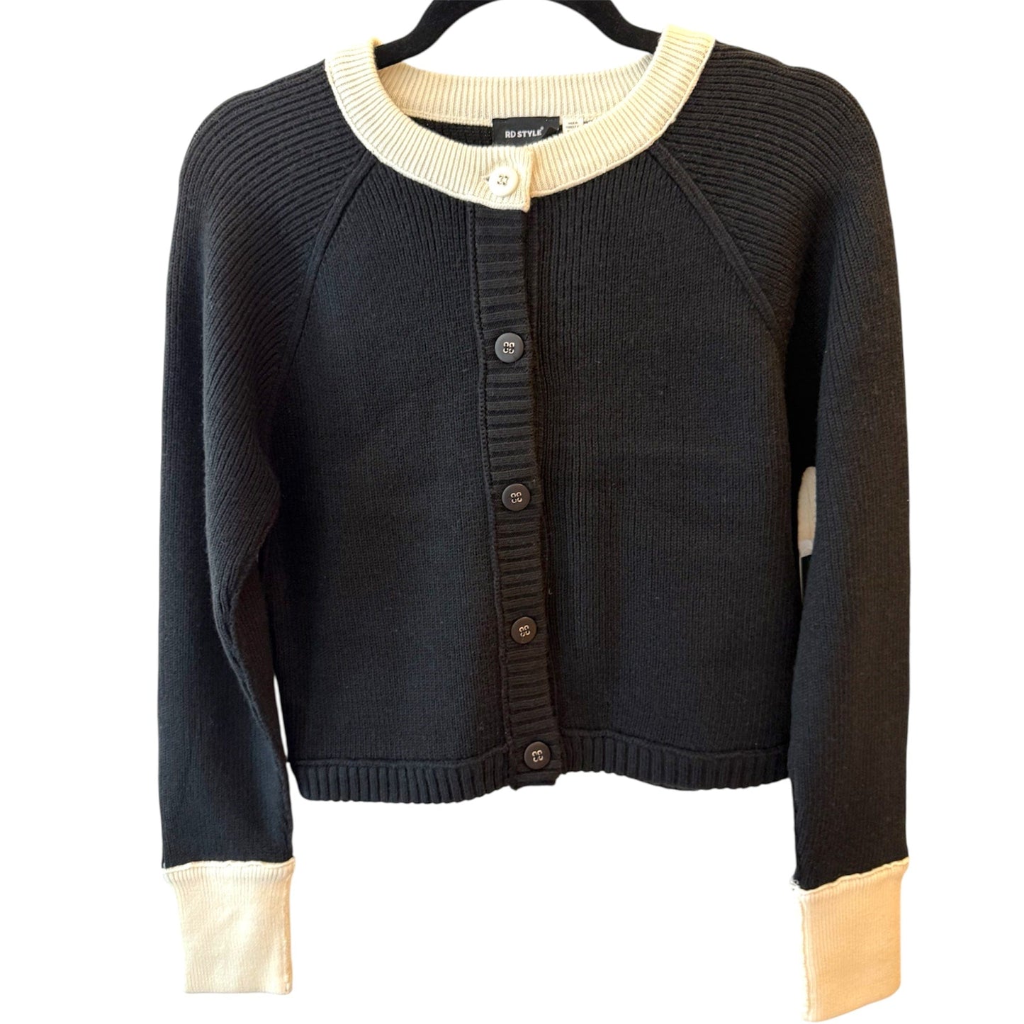 Black and Winter White Crew Neck Cardigan