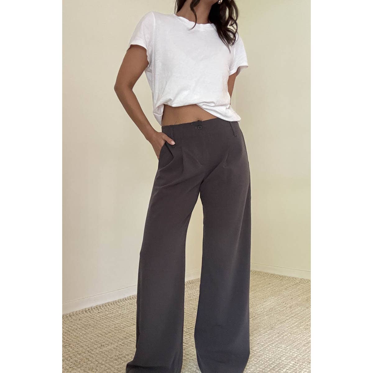 Charcoal Raw Waistband Wide Leg Trousers