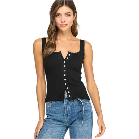 Black Button Down Square Neck Top