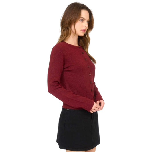 Burgundy Round Neck Button Down Cardigan Sweater
