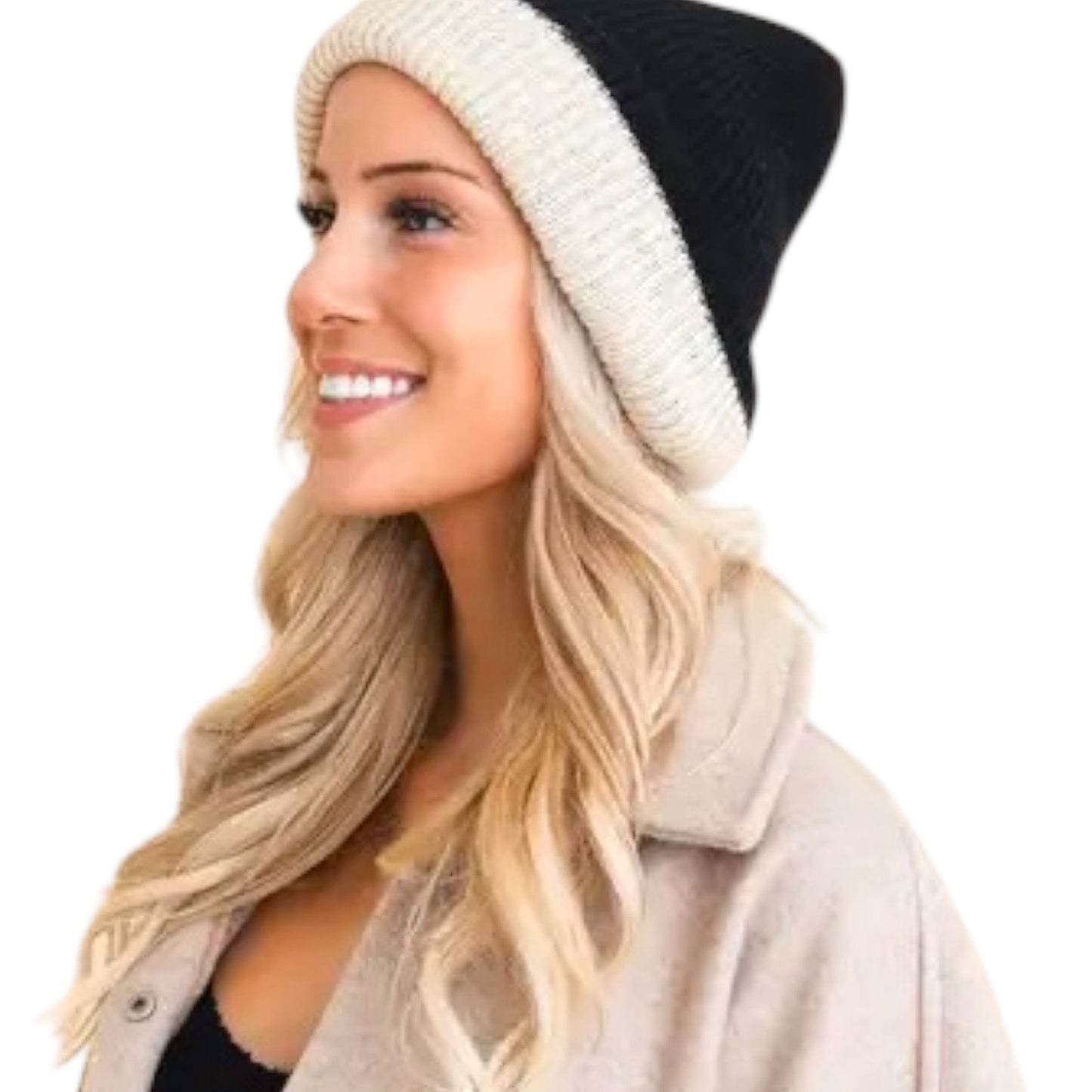 Black/Cream Two Tone Beanie Hat