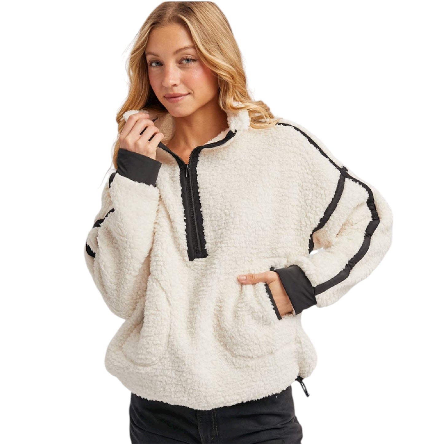 Ivory Half Zip Contrast Sherpa Fleece