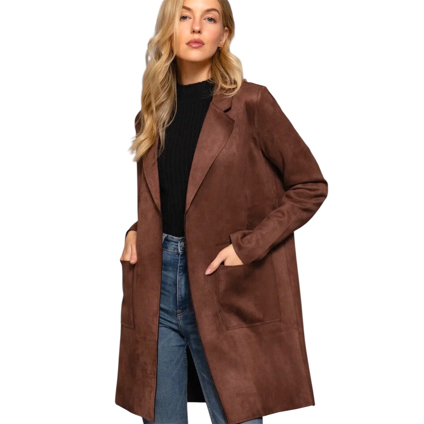 Long Sleeve Open Front Faux Suede Jacket in Dark Brown