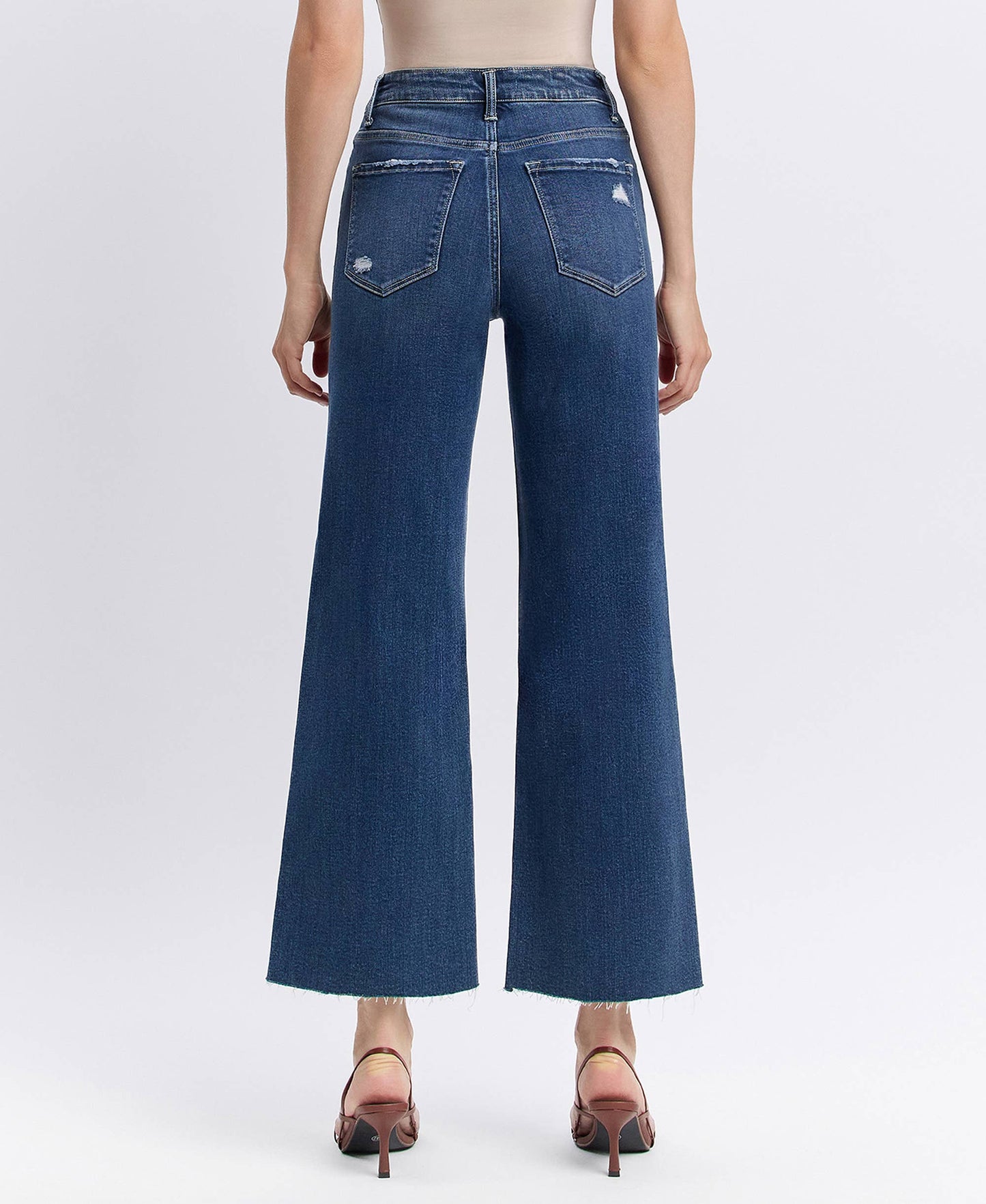 Dark Denim High Rise Comfort Stretch Clean Cut Raw Hem Wide Leg Jeans