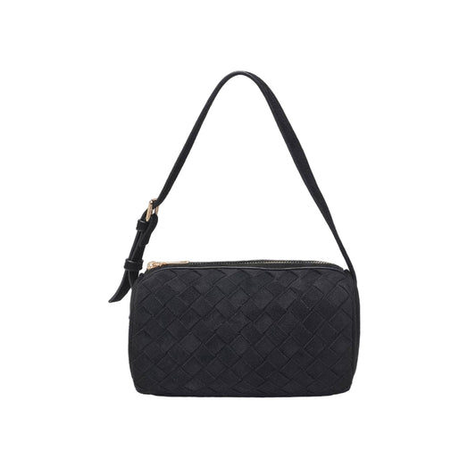 Black Vegan Leather Woven Texture Shoulder Bag