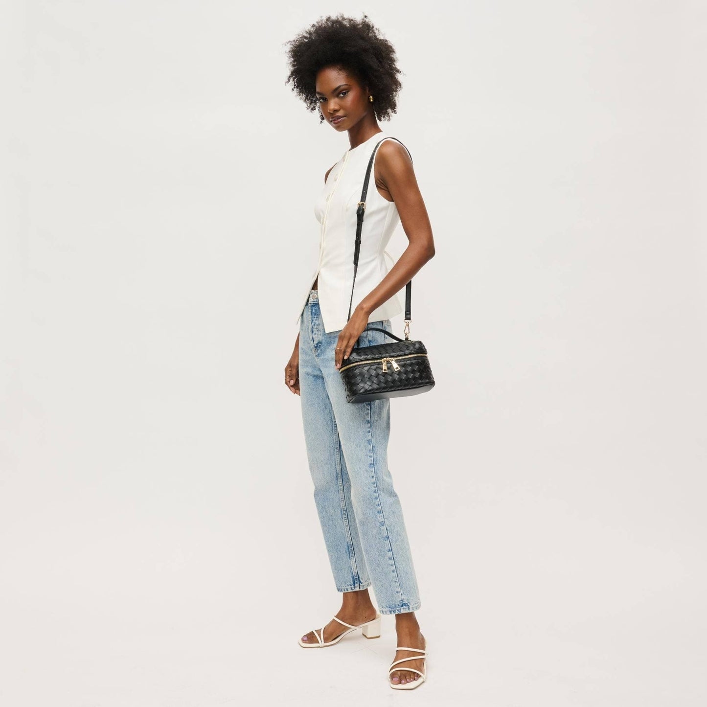 Black Woven Top Handle Crossbody Handbag