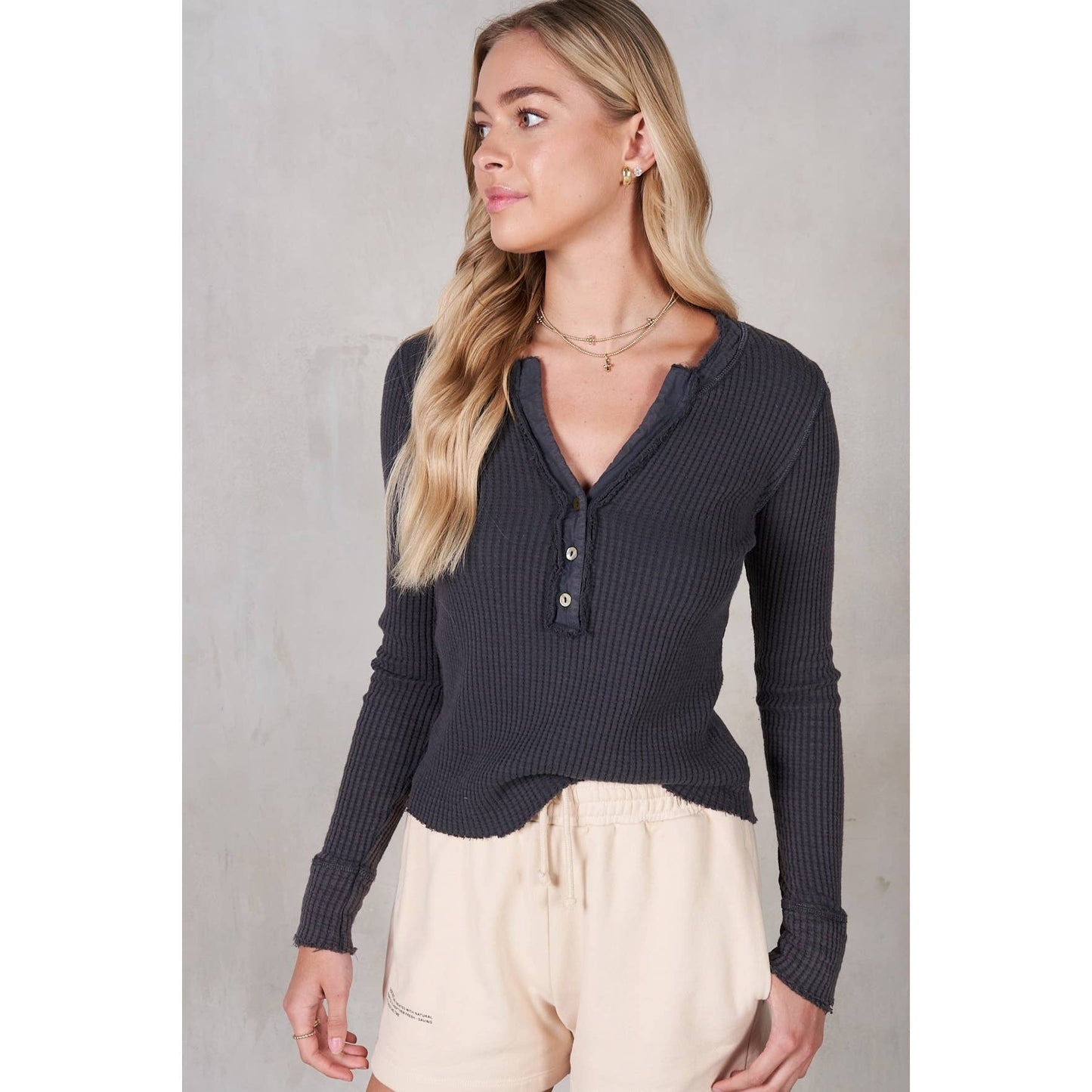 Charcoal Garment Dye Waffle Long Sleeve Top