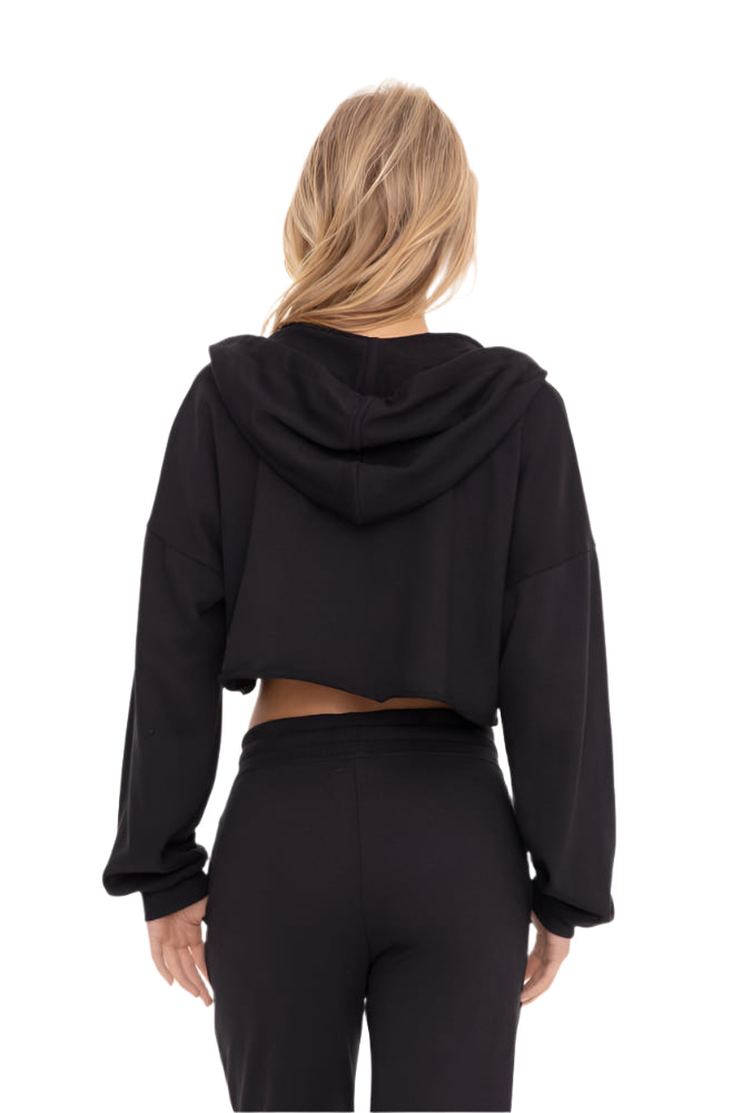 Black Crop Hoodie Zip-Up French Terry Sweatshirt
