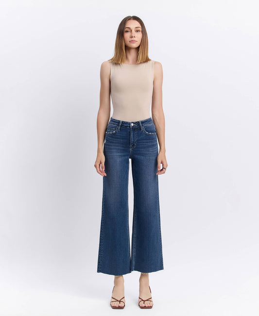 Dark Denim High Rise Comfort Stretch Clean Cut Raw Hem Wide Leg Jeans