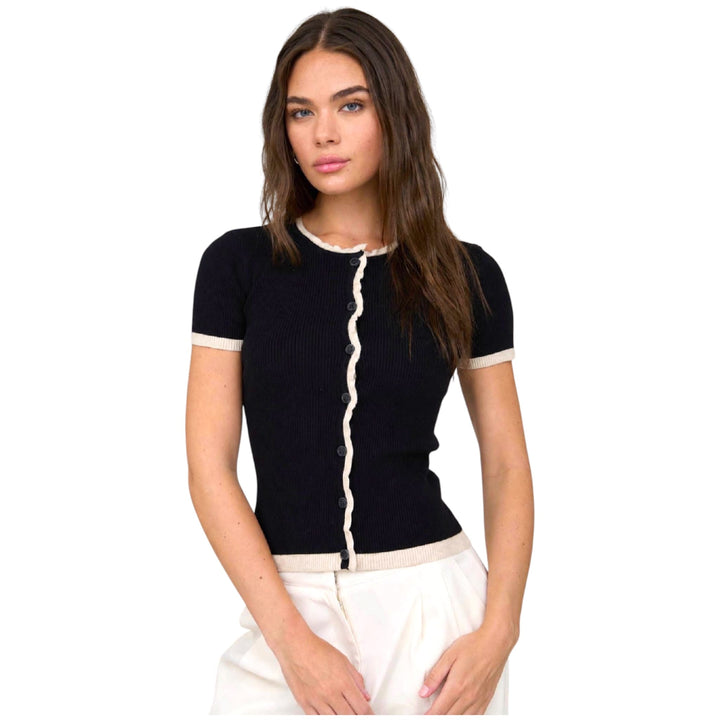 Contrast Lettuce Trim Short Sleeve Knit Cardigan