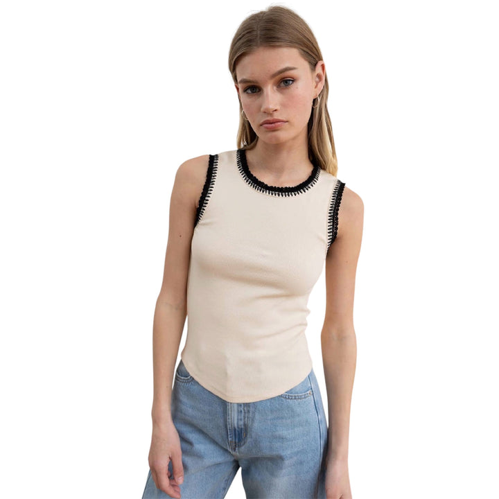 Cream Contrast Crochet Trim Rib Tank Top