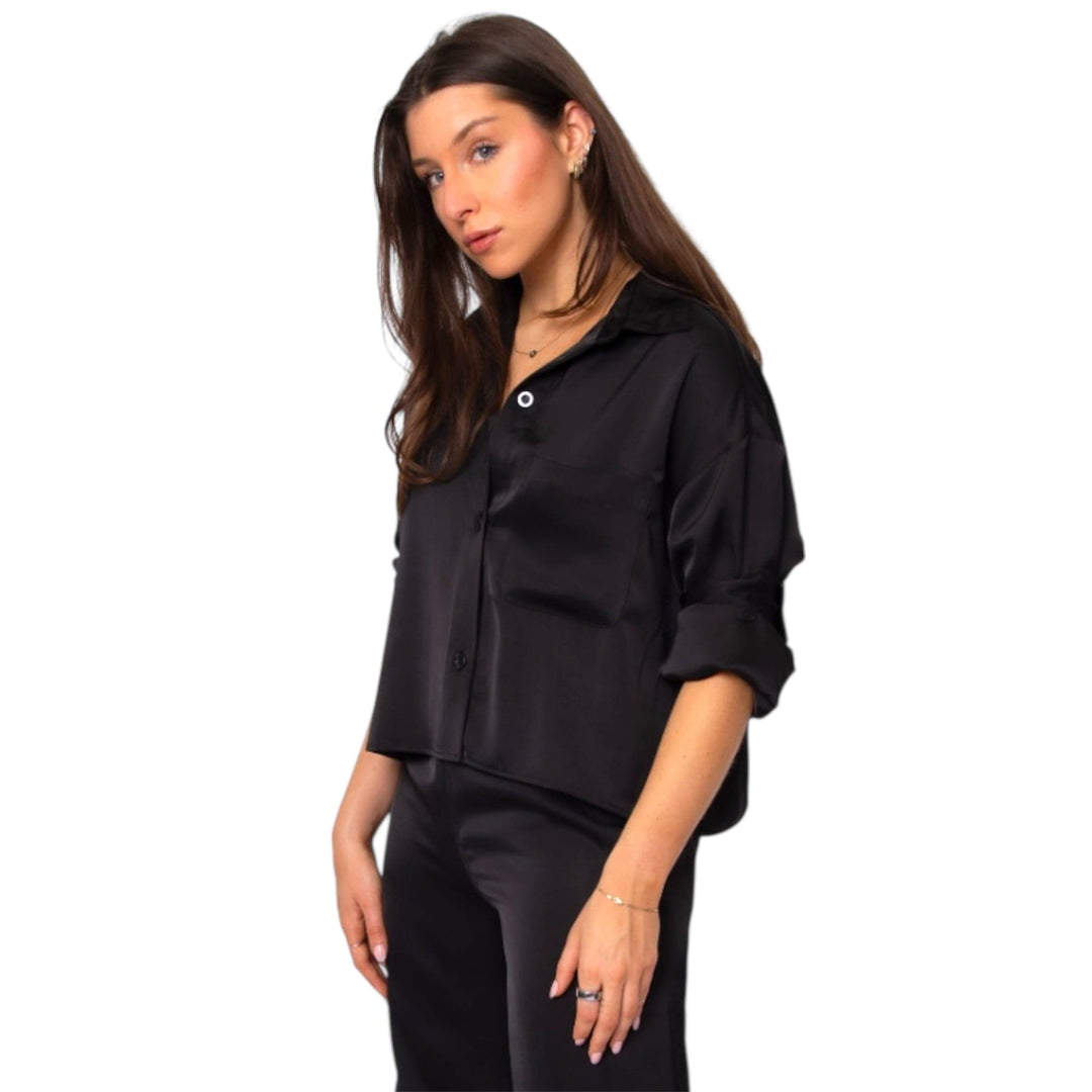 Black Silk Cropped Button Down Shirt