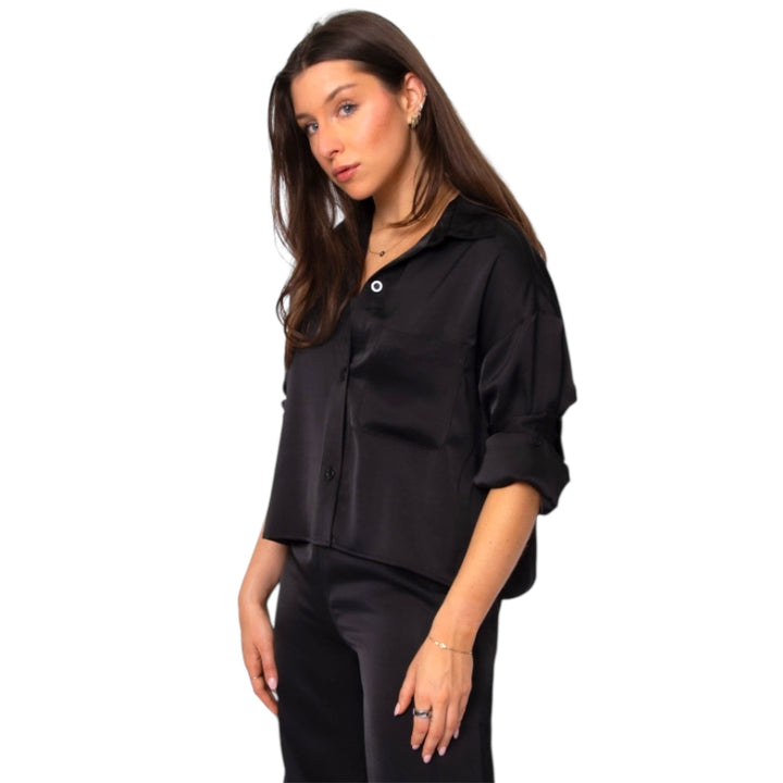 Black Silk Cropped Button Down Shirt