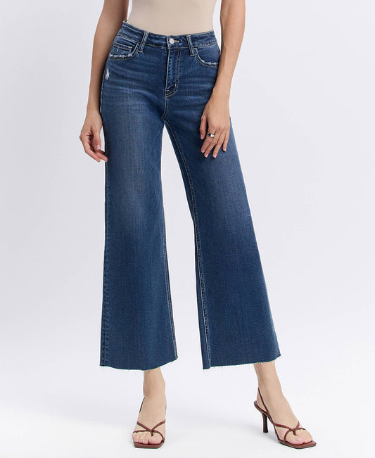 Dark Denim High Rise Comfort Stretch Clean Cut Raw Hem Wide Leg Jeans