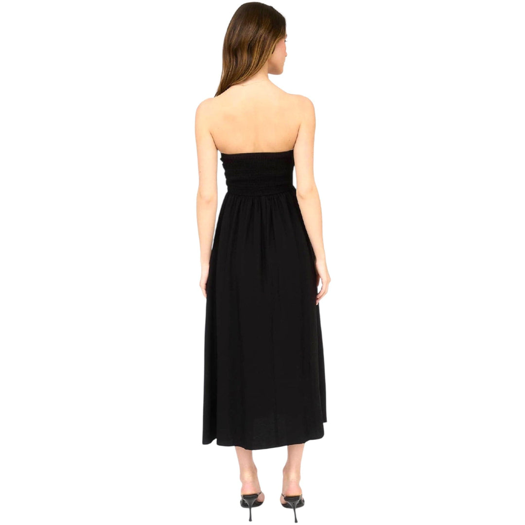 Black Pleated Bodice Strapless Midi Dress