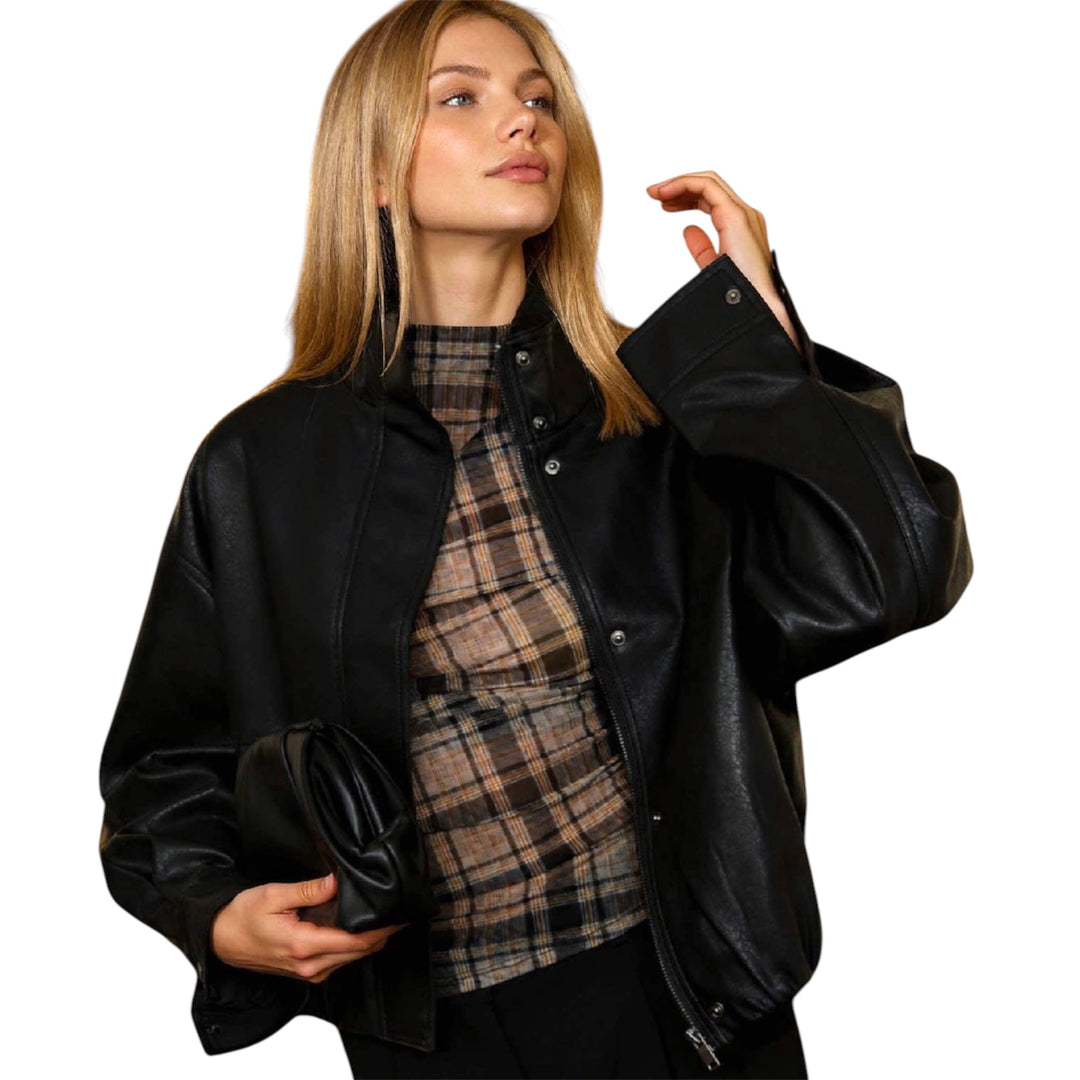 Black Faux Leather Mock Neck Bomber Jacket