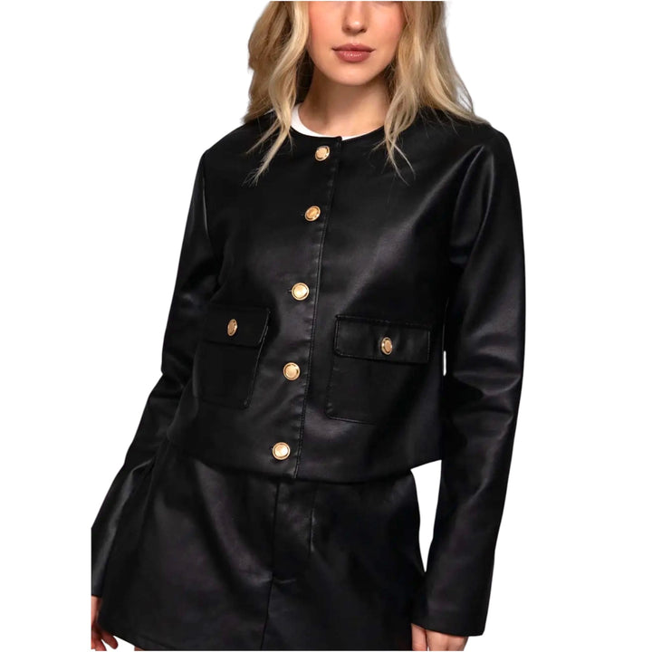 Black Button Down Faux Leather Jacket