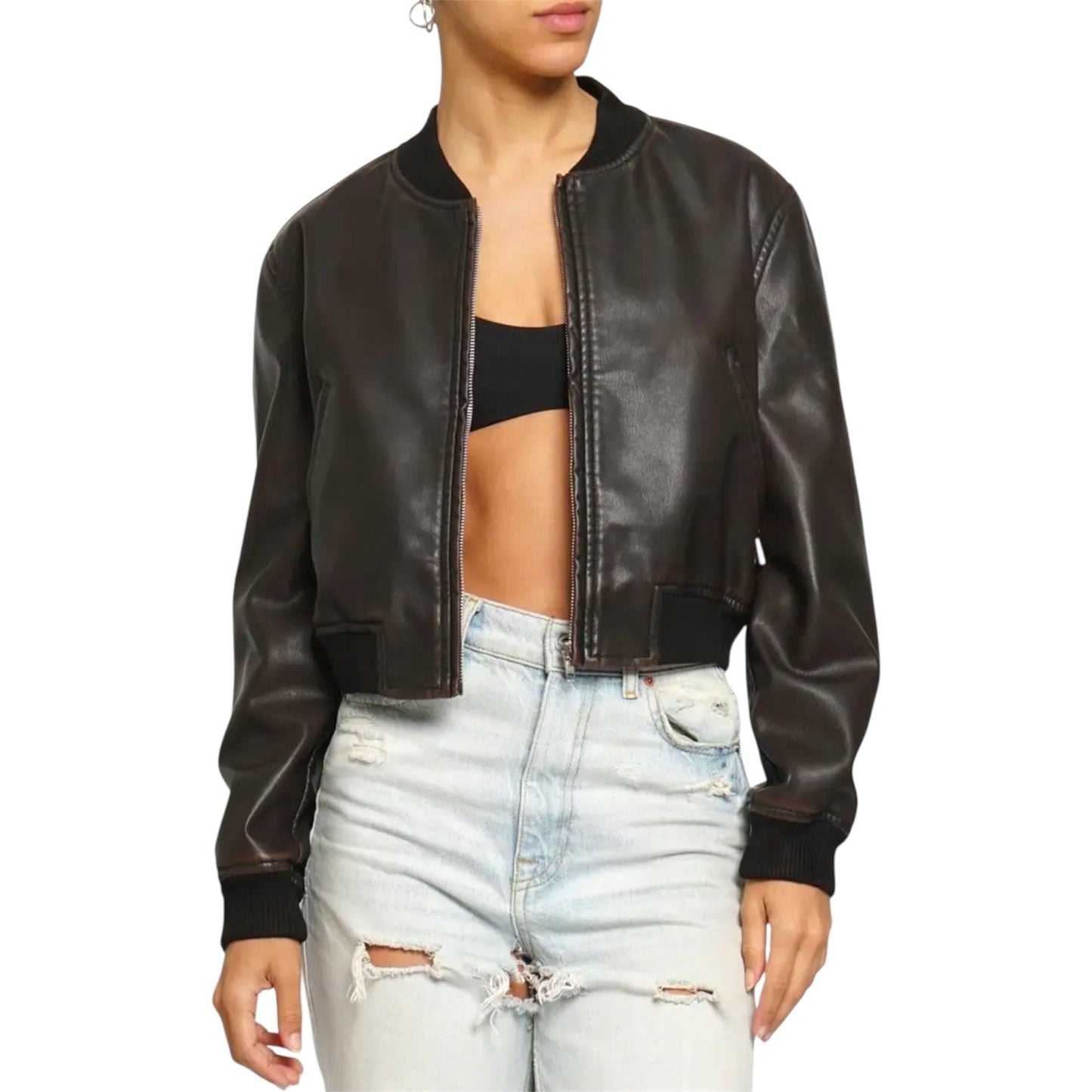 Brown Washed Vegan Leather Jacket