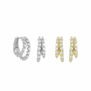 Gold and Silver CZ Double Line Hoop Earrings