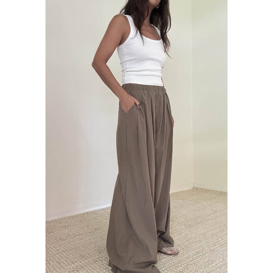 Taupe Elastic Waist Wide Leg Taupe Pants