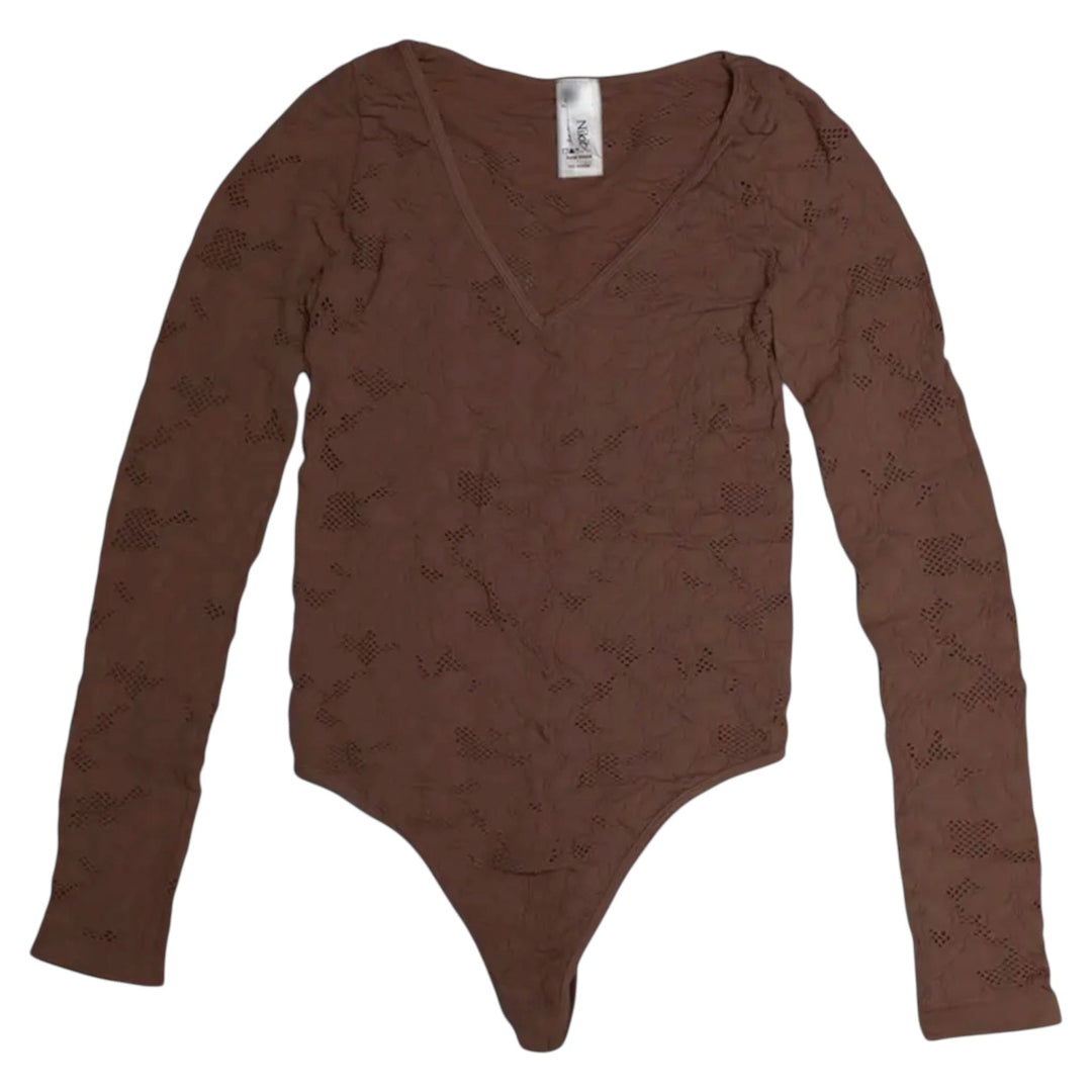 Brown Lace Textured Long Sleeve Bodysuit