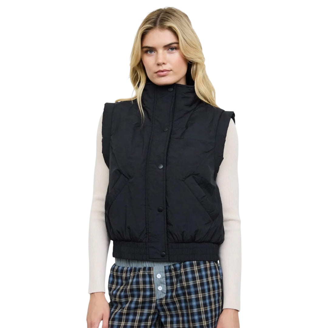 Black Cropped Mock Neck Snap Puffer Vest